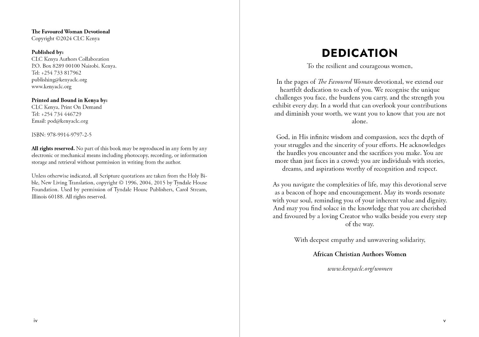 Book interior layout showing copyright and dedication pages